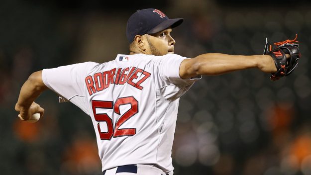 Boston Red Sox starting pitcher Eduardo Rodriguez throws to the Baltimore Orioles in the fifth inning of a baseball game, Monday, Sept. 14, 2015, in Baltimore. (AP Photo/Patrick Semansky)