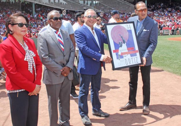 Pre-game: Carmen Milagros Almonte, Consul General of the Dominican Republic in Boston; Claudio Perez, Vice Consul of the Dominican Republic in Boston; Gonzalo Gonzalez, Managing Partner BVKmeka and Ralph Paniagua, Publisher of Latinobaseball.com