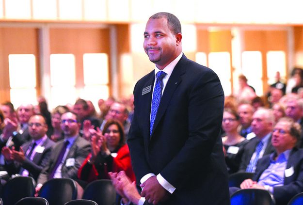 ➥➥ Quincy Miller being introduced at Eastern Bank annual meeting in March 2016.