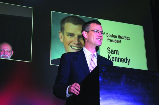 Addressing the audience President of the Boston Red Sox, Sam Kennedy.