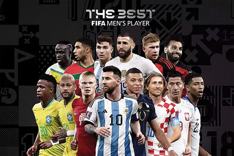 Foto de nominados para The Best: Sadio Mane, Archaf Hakimi, Julian Alvarez,  Karim Benzema, Kevin De'Bruyne, Mohammed Salah, Vinicius Jr, Neymar Jr, Erling Haaland, Leonel Messi, Kylian Mbappe,  Luka Modric, Robert Lewandoski, Jude Bellingham